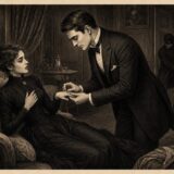 A well-dressed man offers a ring to a seated woman on a luxurious couch, while masked figures in the background restrain a man.",