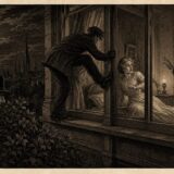 Moonlit night as a man climbs through a bedroom window toward a terrified woman in bed, while another man enters from the doorway with a lamp nearby.