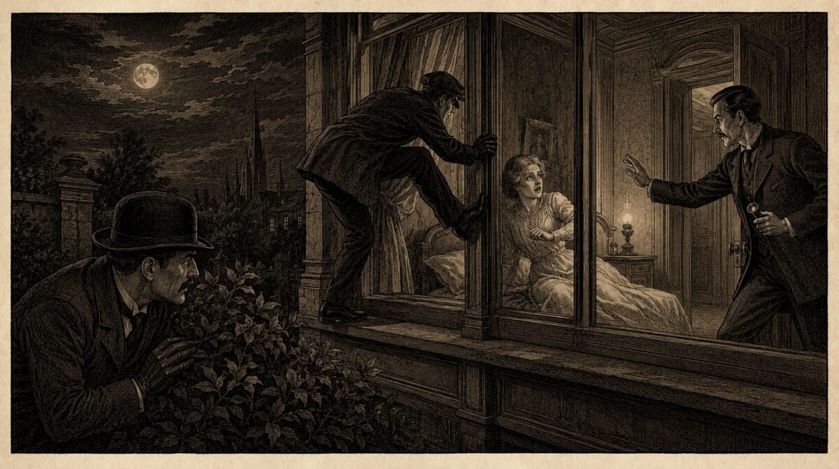 Moonlit night as a man climbs through a bedroom window toward a terrified woman in bed, while another man enters from the doorway with a lamp nearby.