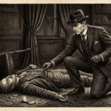 Victorian-era detective kneels beside a man lying on a rug in a dim study, with an overturned chair and a lit lamp in the background.",