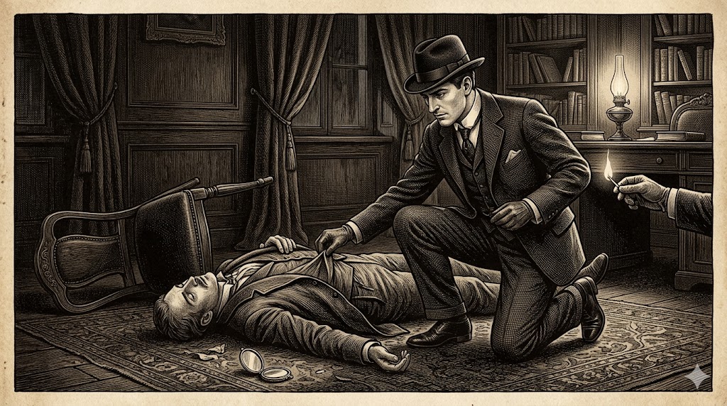 Victorian-era detective kneels beside a man lying on a rug in a dim study, with an overturned chair and a lit lamp in the background.",