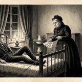 Interrogation scene in a vintage room: a man lies bound on a bed, a stern matron points a pistol and holds papers as a seated man watches.