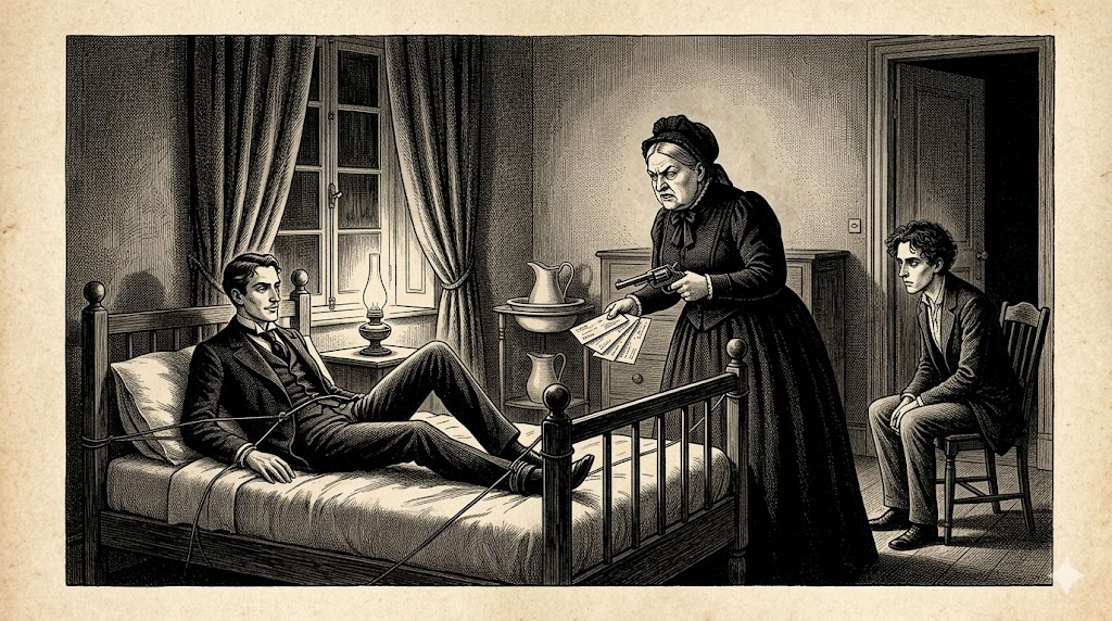 Interrogation scene in a vintage room: a man lies bound on a bed, a stern matron points a pistol and holds papers as a seated man watches.