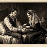 A Victorian couple sits on a four-poster bed in a dimly lit bedroom, as the woman ties a bracelet on the man's wrist.