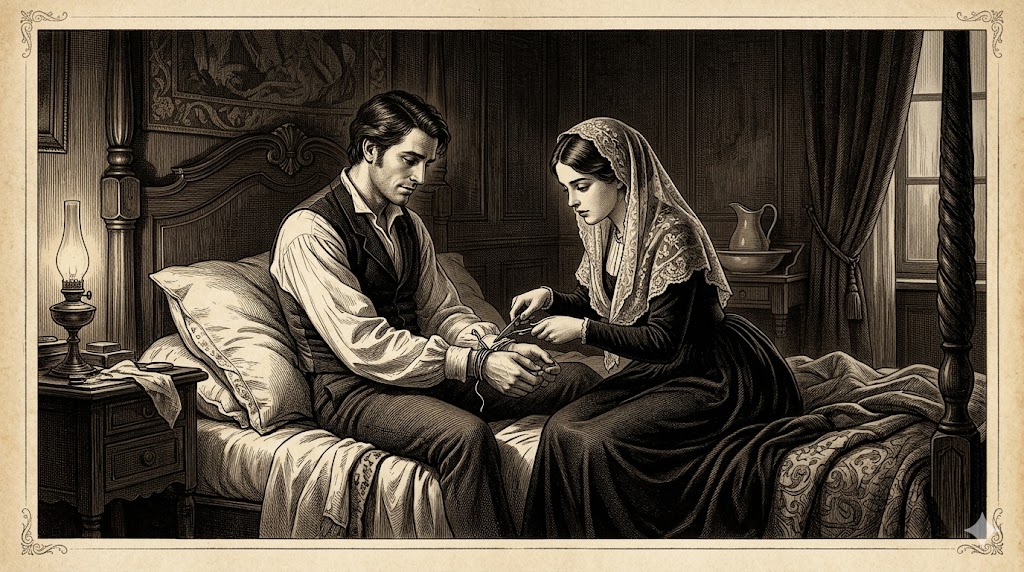 A Victorian couple sits on a four-poster bed in a dimly lit bedroom, as the woman ties a bracelet on the man's wrist.