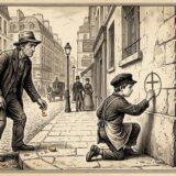 Victorian street scene: a boy kneels by a stone wall drawing a circle with a cross while a man in a hat watches, with pedestrians and horse-drawn carts in the background.