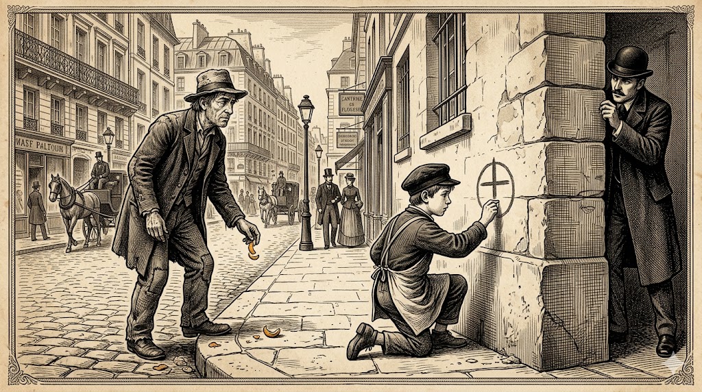 Victorian street scene: a boy kneels by a stone wall drawing a circle with a cross while a man in a hat watches, with pedestrians and horse-drawn carts in the background.
