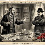 Vintage illustration of Arsène Lupin and Inspector Ganimard in a wood-paneled study, arguing over a desk covered with papers and clues.