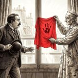 Man in a suit and a painter in a dim room hold up a red cloth with a black handprint between them, as if demonstrating a clue.