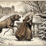 Winter scene: a large dog lunges toward a frightened woman on a snowy terrace as a man in a hat points a pistol at her, with a castle visible in the distance.