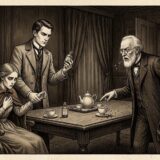 Three people in 19th-century attire stand around a teatable; a man offers a bottle while a seated woman clutches her shawl, and an older man with a briefcase confronts them.