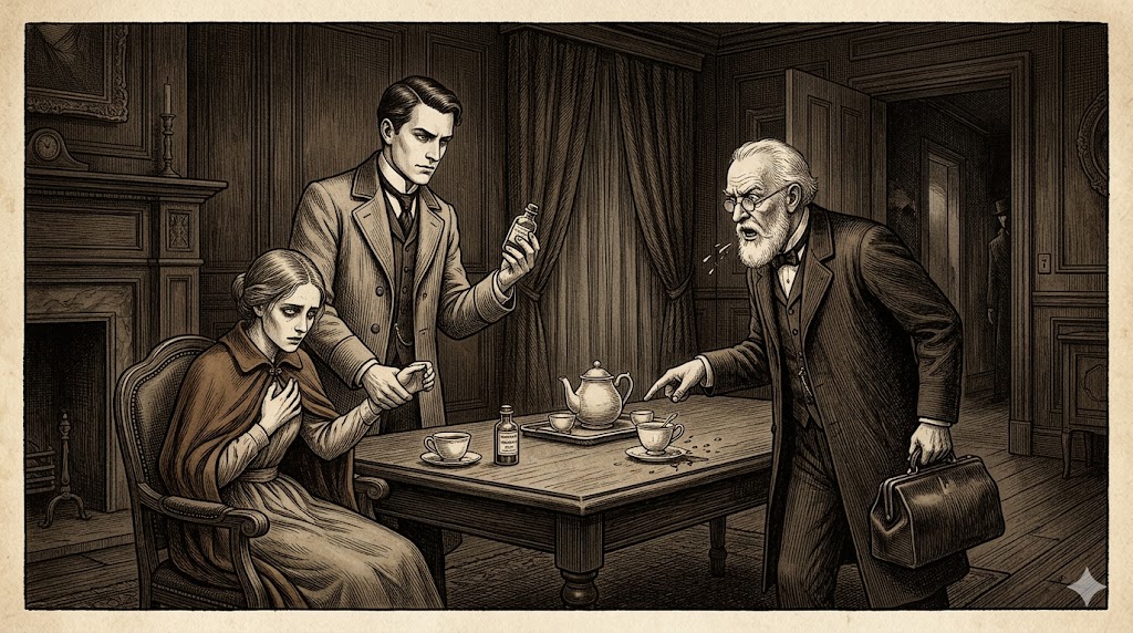 Three people in 19th-century attire stand around a teatable; a man offers a bottle while a seated woman clutches her shawl, and an older man with a briefcase confronts them.