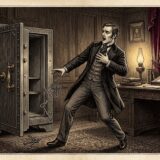 Man in 19th-century clothing flees from a large open safe in a wood-paneled study, keys tumbling to the rug as he gestures in alarm.