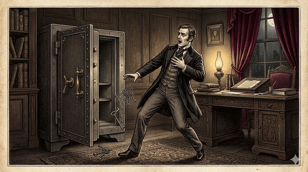 Man in 19th-century clothing flees from a large open safe in a wood-paneled study, keys tumbling to the rug as he gestures in alarm.