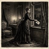 19th-century woman in a dark gown stands at an open window, dropping a letter outside as a lamp glows in a richly decorated room with furniture and ropes on the floor.