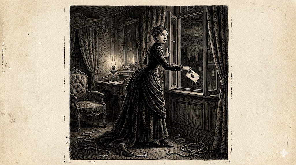 19th-century woman in a dark gown stands at an open window, dropping a letter outside as a lamp glows in a richly decorated room with furniture and ropes on the floor.