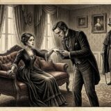 A man in formal attire leans toward a seated woman in a Victorian parlor, offering his hand as a second man in a top hat watches from the background.
