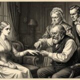 A bearded man offers a ring to a seated woman in an ornate parlor, as two onlookers watch sternly from behind him.