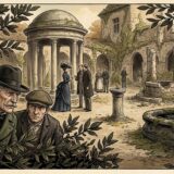 Two elderly men peer through dense bushes at a ruined courtyard with a domed gazebo, fountain, and groups of people in period dress in the background.