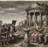 Six people sit around a stone pedestal in a ruined garden, with a crumbling domed temple behind them.