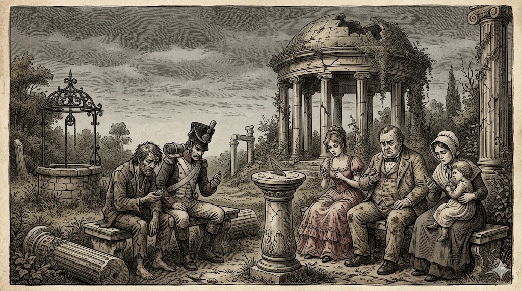 Six people sit around a stone pedestal in a ruined garden, with a crumbling domed temple behind them.