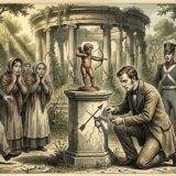 A man in Victorian attire carves a statue of Cupid on a cracked pedestal as a crowd of spectators in period dress watches in a garden ruin setting.