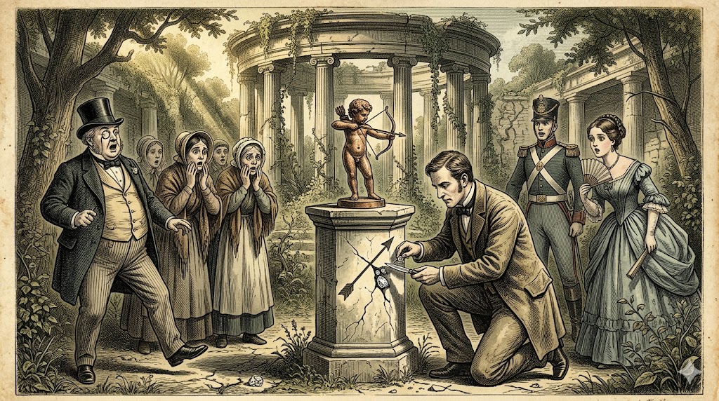 A man in Victorian attire carves a statue of Cupid on a cracked pedestal as a crowd of spectators in period dress watches in a garden ruin setting.