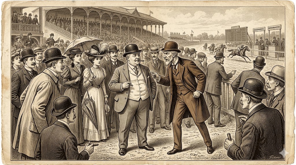 Vintage illustration of a crowded racecourse with spectators, bookmakers, and a finish in the background, in early 20th-century style.