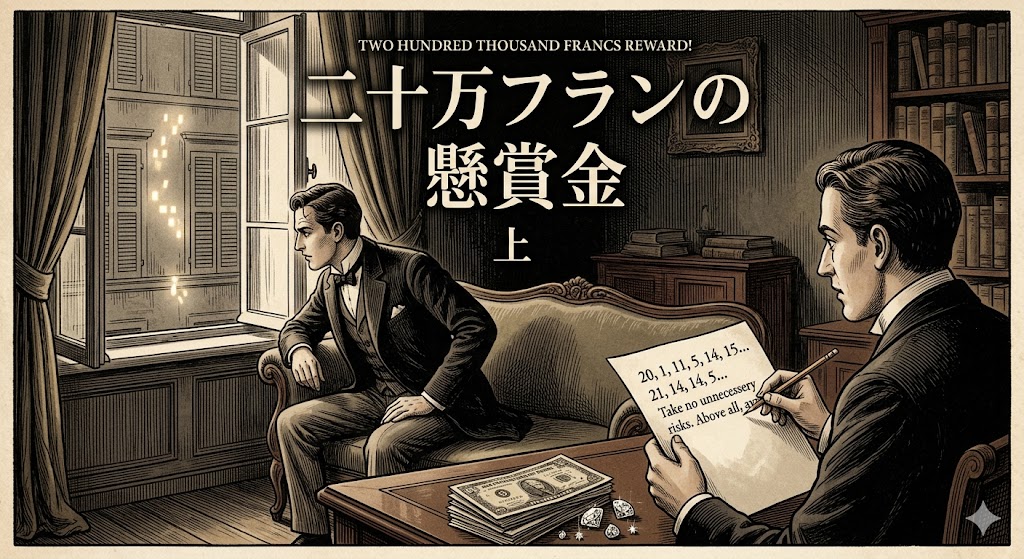 Two men in a vintage study; one writes at a desk with money and dice nearby while the other looks out the window, a large reward headline above.