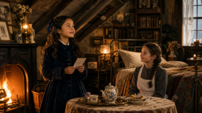 Two girls in a candlelit attic, one standing with a card while the other sits at a tea table with a teapot and cups nearby.