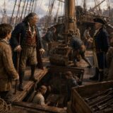Pirates and sailors on a wooden ship deck in period clothing, with barrels and rigging, overlooking a bustling harbor.