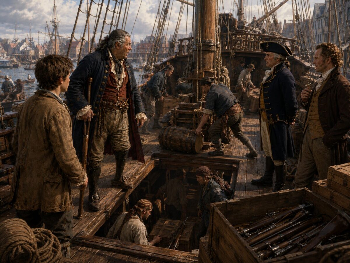 Pirates and sailors on a wooden ship deck in period clothing, with barrels and rigging, overlooking a bustling harbor.