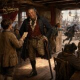 Tall pirate captain in period clothing accepts a note from a boy in a busy 18th‑century tavern.