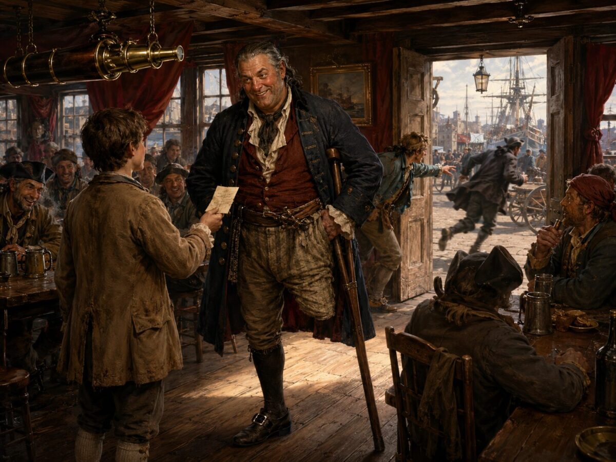 Tall pirate captain in period clothing accepts a note from a boy in a busy 18th‑century tavern.