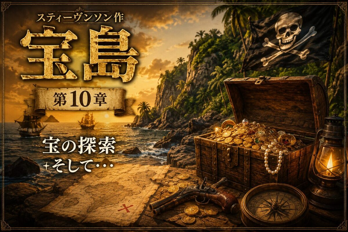 海辺の岩場で宝箱を開き、金貨・真珠が山積み。地図・銃・羅針盤・ランタンが周りに置かれ、海賊旗が風になびく。