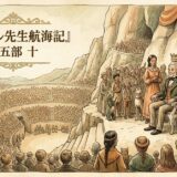 An elderly man sits on a throne on a rocky platform as a crown is placed on his head while a crowd watches from a circular, amphitheater-like arena.