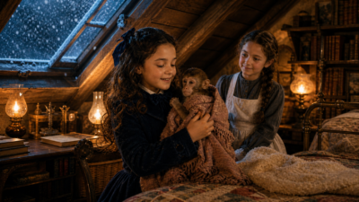 Two girls in a cozy attic, one holding a knitted teddy bear as the other watches, warm lamps glowing nearby. Outside the window snow falls.