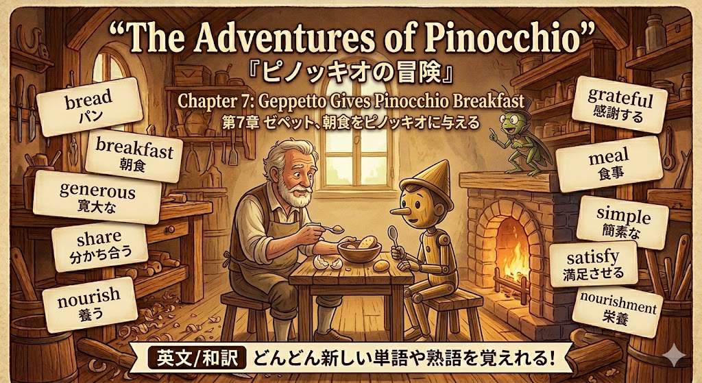 Cozy workshop scene of Pinocchio with a man eating, surrounded by English vocabulary cards.