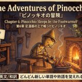 Poster scene: Pinocchio sleeping by a warm fireplace with English–Japanese vocabulary cards around him.