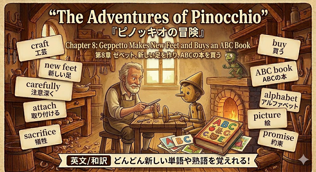 Pinocchio and a woodworker learning English, with signs listing craft, new feet, carefully, attach, sacrifice, buy, alphabet, picture, promise.