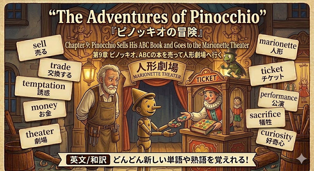 Poster for The Adventures of Pinocchio showing Pinocchio at a marionette theater with a ticket booth and surrounding signs in English and Japanese.