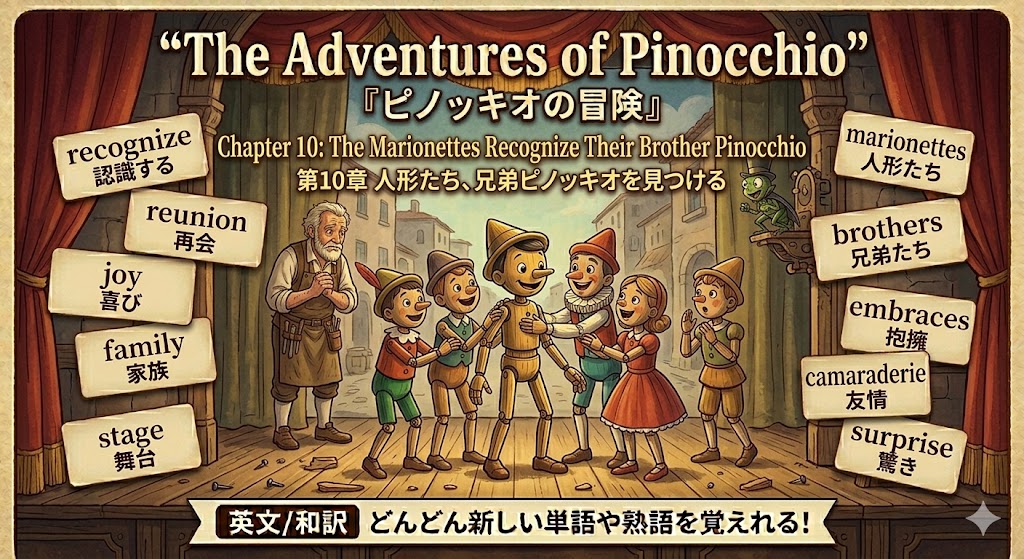 Illustrated Pinocchio stage banner showing children and puppets holding hands with Japanese and English labels around the edges, promoting language learning.