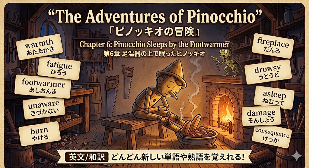 Poster scene: Pinocchio sleeping by a warm fireplace with English–Japanese vocabulary cards around him.