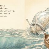 A giant spiral seashell creature rises beside a small rowboat carrying an older man, two children, a parrot, and a white duck as waves churn around them.