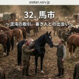 A bustling horse market with handlers brushing and trading horses among tents on a dirt yard.