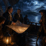 Pirates huddle on a moonlit ship, studying a rolled map by lantern light as waves glow in the night sea behind them.