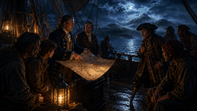 Pirates huddle on a moonlit ship, studying a rolled map by lantern light as waves glow in the night sea behind them.