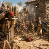 Pirates and colonial soldiers clash at a wooden palisade fort; a man with a red headscarf lunges with a curved sword amid gunfire and chaos.