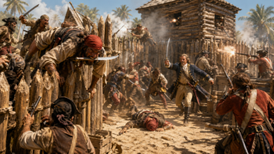 Pirates and colonial soldiers clash at a wooden palisade fort; a man with a red headscarf lunges with a curved sword amid gunfire and chaos.