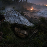 Boy crouches behind a large rock on a dim beach at dusk, with a burning camp and a tall ship in the distance.